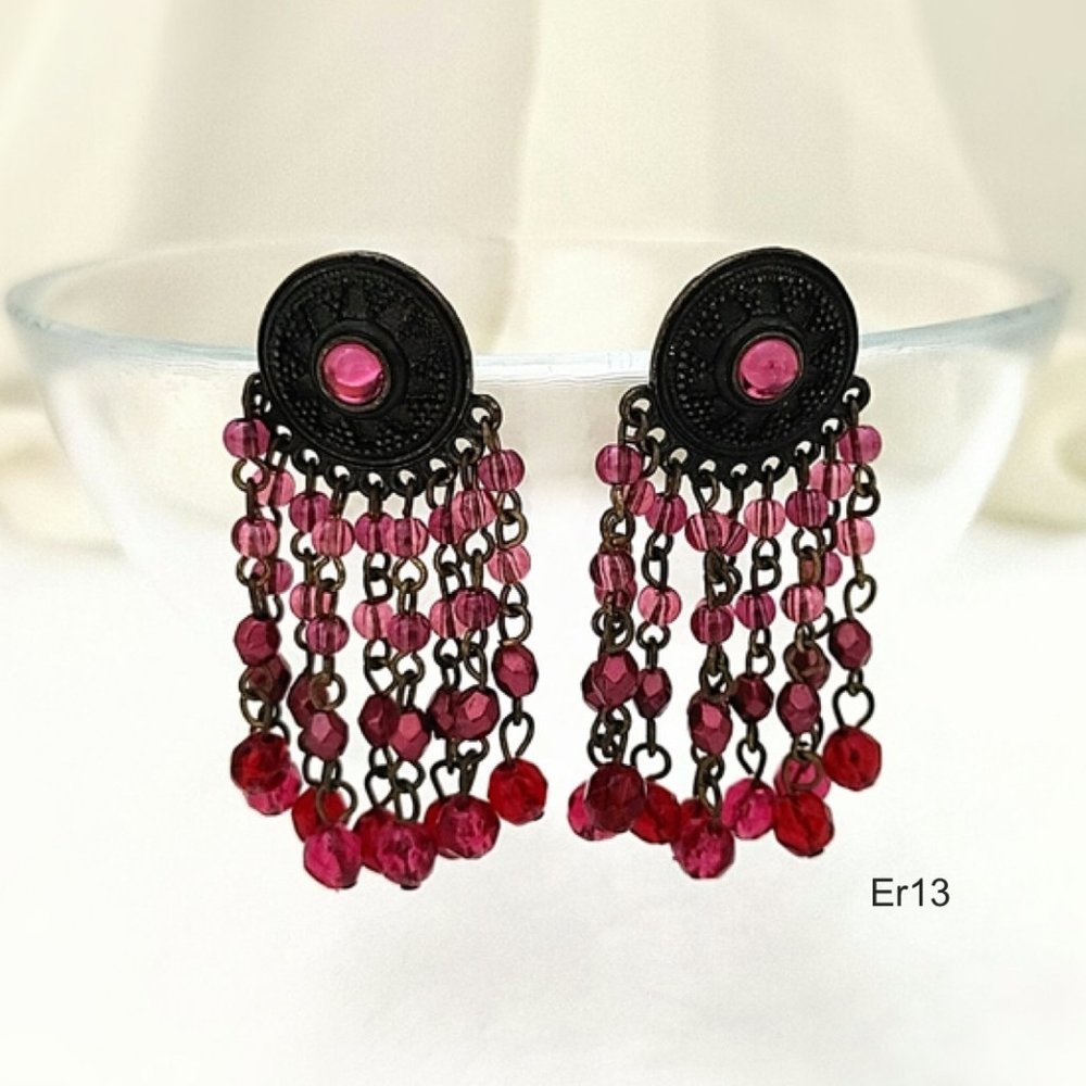 EE Vintage Earrings Czech Red Violet Beads Brass